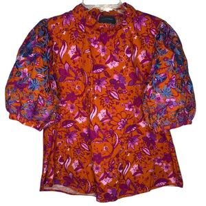 Hudson Gray Orange Floral Puff Sleeve Embroidered Blouse Size Medium